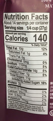 Sahale Snacks comparación de tamaño 13.3 oz junto a una taza para escala