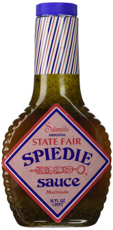 Salamida frente de la botella Spiedie 16 oz mostrando empaque y uso práctico