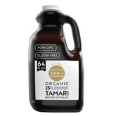 San-J botella 64 oz frente mostrando etiqueta y volumen beneficioso para cocina frecuente