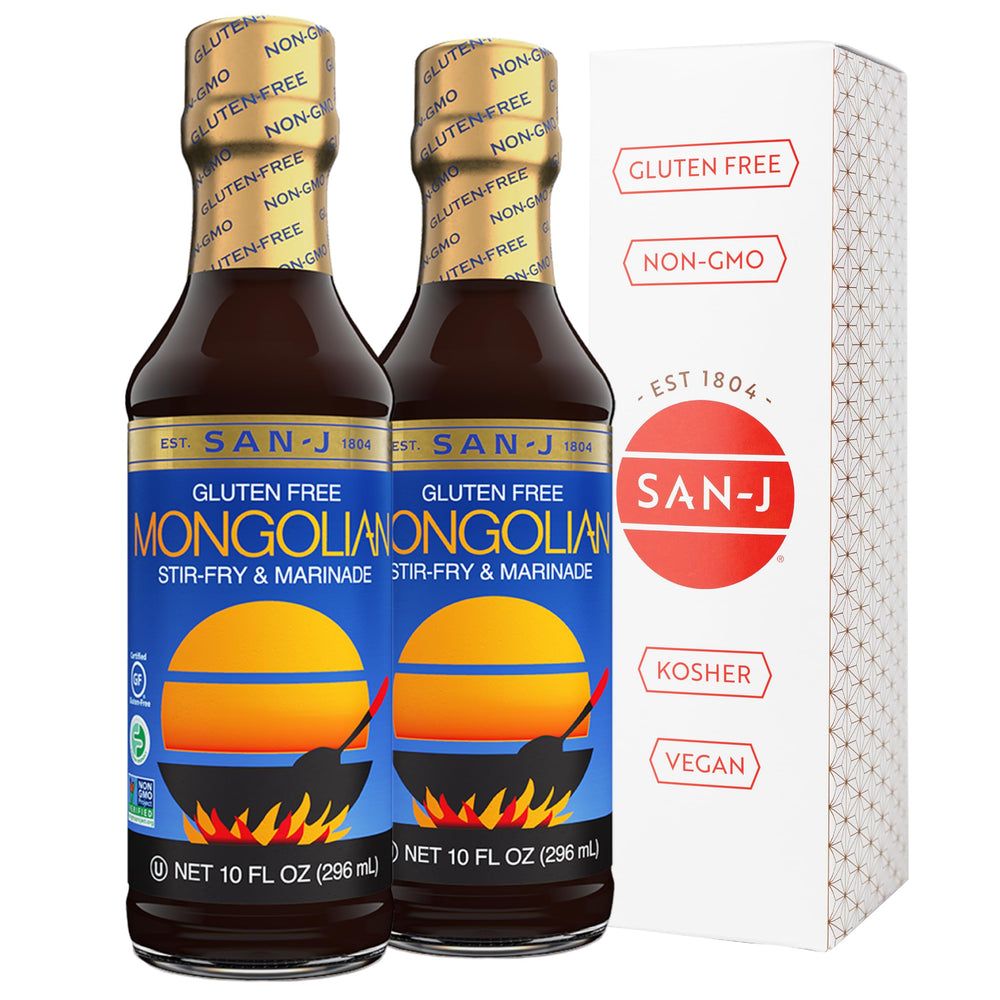 Botella San-J Mongolian Sauce vista frontal mostrando tamaño 10 oz y diseño de etiqueta, conveniencia inmediata