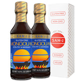 Botella San-J Mongolian Sauce vista frontal mostrando tamaño 10 oz y diseño de etiqueta, conveniencia inmediata