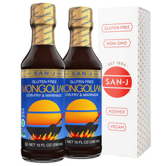 Botella San-J Mongolian Sauce vista frontal mostrando tamaño 10 oz y diseño de etiqueta, conveniencia inmediata