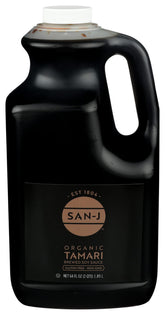 San-J tamari botella 64 oz vista frontal mostrando la marca y tamaño, ideal para familias