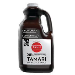 San-J tamari frente 64 oz mostrando etiqueta y envase práctico