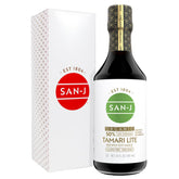 San-J tamari lite frente del envase mostrando etiqueta orgánica y beneficio de sabor