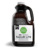 San-J tamari lite frontal del envase mostrando tamaño a granel y ahorro