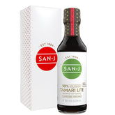 San-J Tamari Lite frontal mostrando la botella y su etiqueta, sabor auténtico