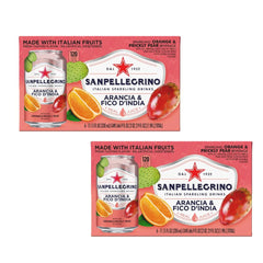 San Pellegrino latas en mesa con platos, complementa comidas