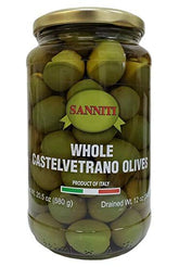 Sanniti frasco delantero de aceitunas Castelvetrano mostrando etiqueta clara