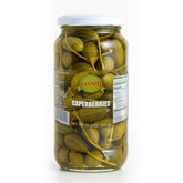Sanniti frasco frontal mostrando caperberries españolas y su tamaño