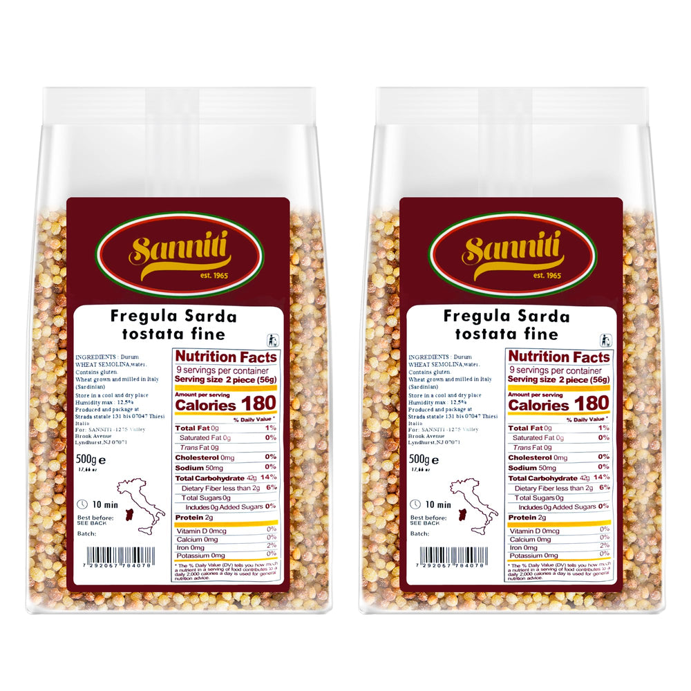 Sanniti frente del empaque de fregola sarda orgánica, ahorro y conveniencia