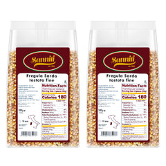 Sanniti frente del empaque de fregola sarda orgánica, ahorro y conveniencia
