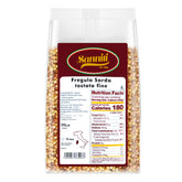 Sanniti paquete frontal mostrando fregola tostada, fácil identificación y compra