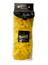 Sanniti rigatoni paquete frontal mostrando peso y formato, confianza artesanal