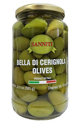 Sanniti tarro frontal mostrando aceitunas grandes y conservadas, ideal para aperitivos