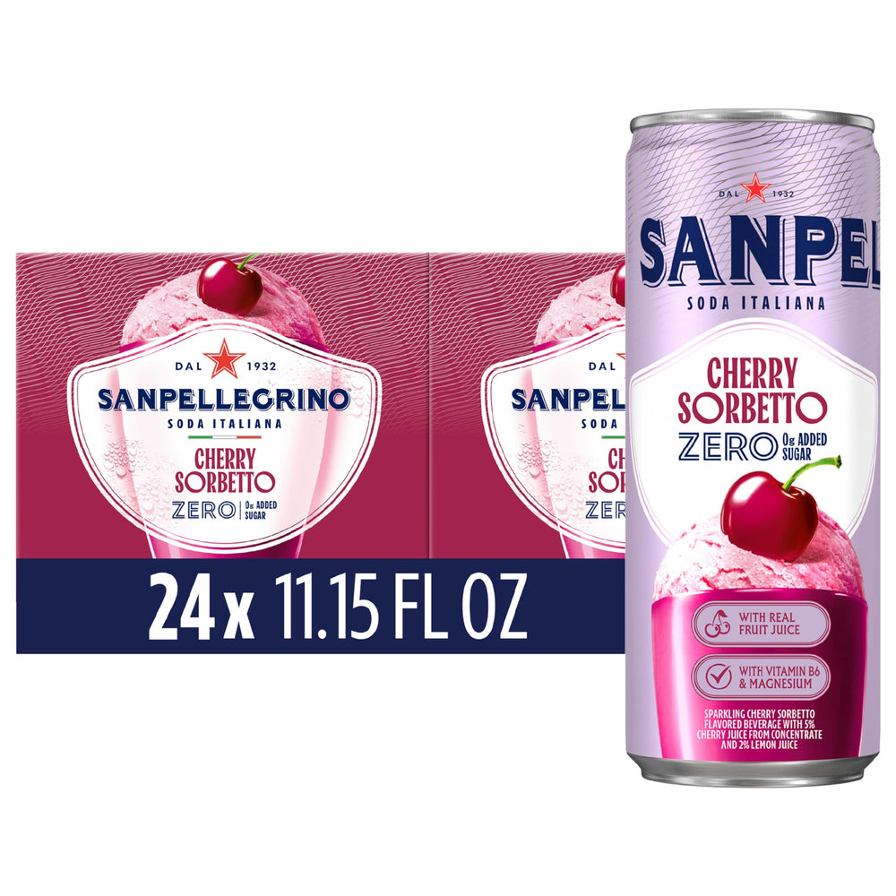 Sanpellegrino lata frontal mostrando sabor cereza y disfrute refrescante