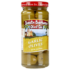 Santa Barbara Olive Co primer plano del relleno de ajo azul resaltando textura crujiente