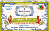 Santo Amaro lata frontal mostrando aceite y piri piri, sabor auténtico