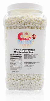 Sarah's Candy Factory frasco frontal mostrando mini marshmallows, práctico almacenamiento