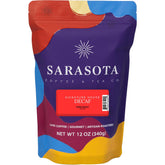 SARASOTA COFFEE & TEA CO. empaque frontal 12 oz mostrando etiqueta clara y beneficios