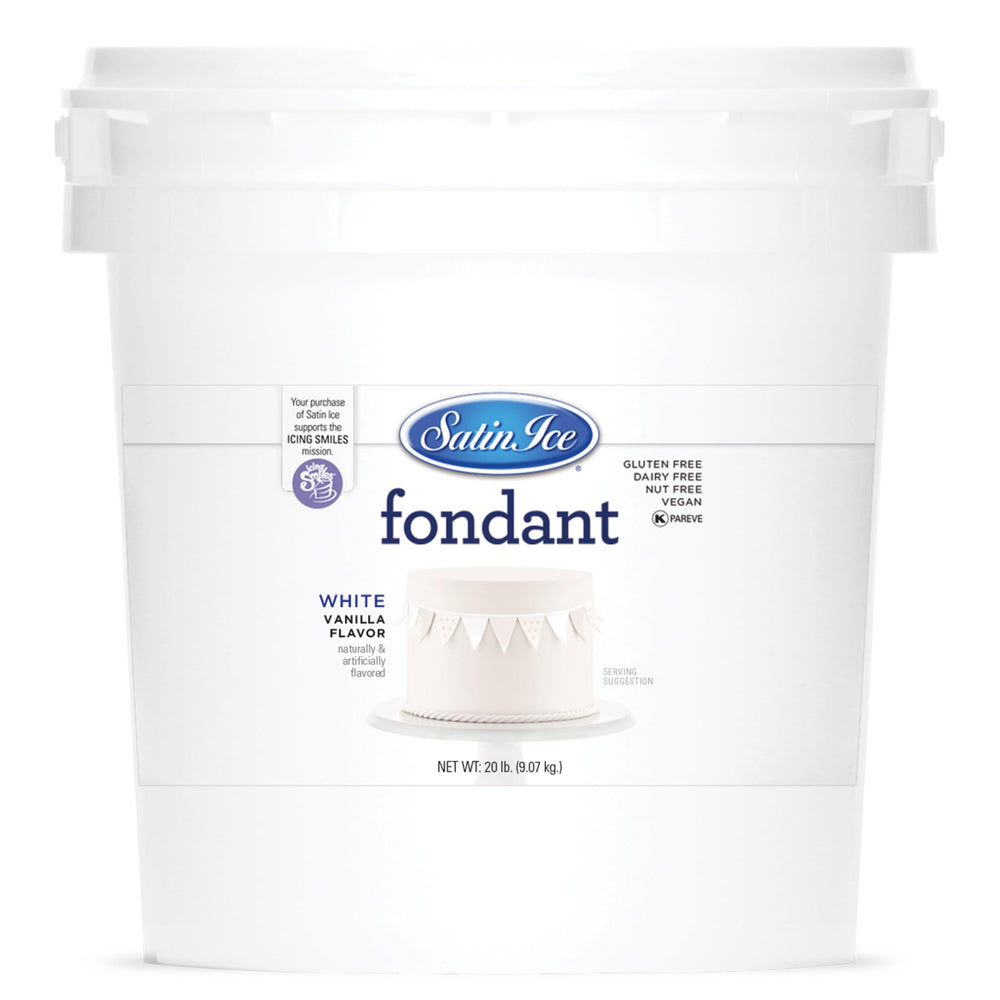 Satin Ice empaque frontal blanco mostrando 20 libras y ventaja de gran cantidad