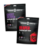 Savage Jerky Co. empaque frontal mostrando doble sabor y conservación