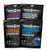 SAVAGE Jerky empaque frontal mostrando los cuatro sabores y variedad