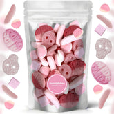 Scandylicious BUBS vista frontal del empaque rosa, atractivo visual