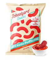 Schoolyard Snacks frente del empaque mostrando sabor Fiery Hot y beneficios keto