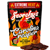 Scorchy's Jerky empaque frontal mostrando Carolina Reaper y advertencia de calor