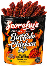 Scorchy's Jerky paquete frontal mostrando marca y sabor buffalo picante, conveniencia portátil