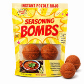 Seasoning Bombs bolsa frontal del producto mostrando 2 bombas premedidas y beneficio de conveniencia