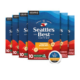 Seattle's Best Coffee frontal de la caja mostrando Toasted Hazelnut y beneficio conveniencia
