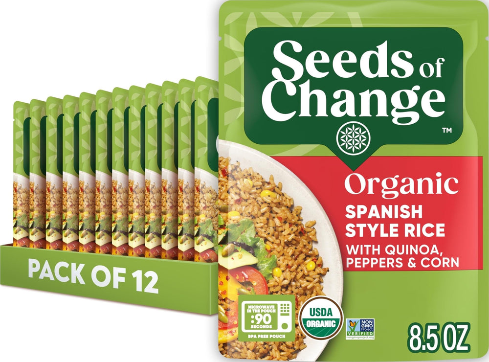 SEEDS OF CHANGE frente del paquete mostrando formato pack y conveniencia