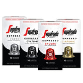 Segafredo embalaje frontal variedad mostrando las cuatro mezclas y sus beneficios