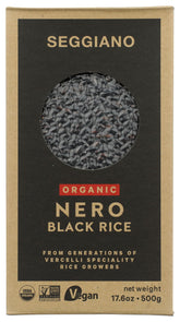 Seggiano paquete frontal mostrando arroz negro orgánico, ideal para recetas saludables