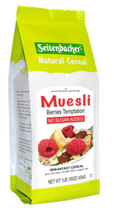 Seitenbacher frente del empaque mostrando muesli natural y etiquetas clave