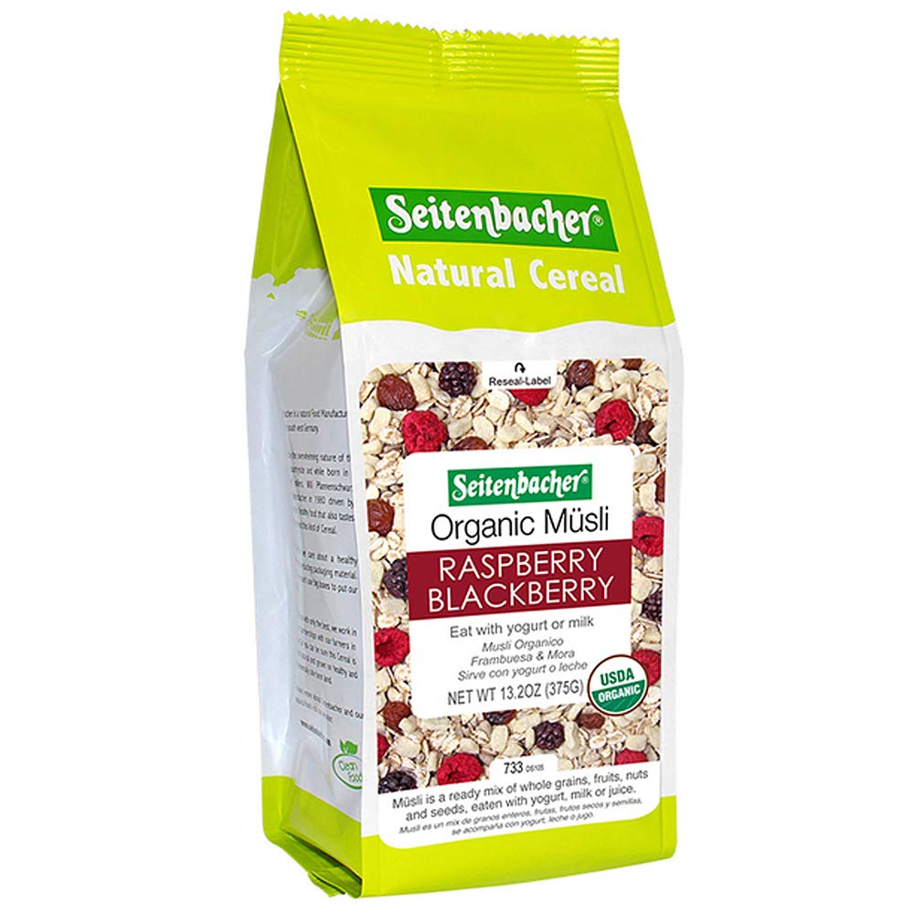 Seitenbacher paquete frontal mostrando marca y mezcla ecológica para desayuno nutritivo