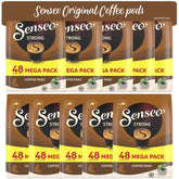 Senseo empaque frontal Strong Dark Roast mostrando 10 bolsas y 480 cápsulas, conveniencia