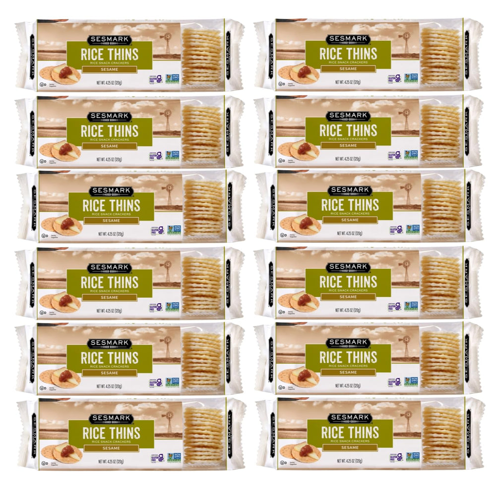 Sesmark paquete frontal mostrando galletas de arroz y sésamo, práctico para despensa