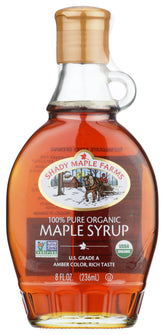 Shady Maple Farms frasco frontal mostrando jarabe puro y etiqueta visible