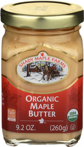 Shady Maple Farms frasco frontal mostrando mantequilla de arce, ideal para desayunos