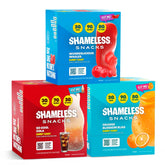 Shameless empaque frontal mostrando tres sabores y beneficios de fibra