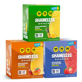 Shameless paquete frontal del trío mostrando sabores y beneficios bajos en azúcar