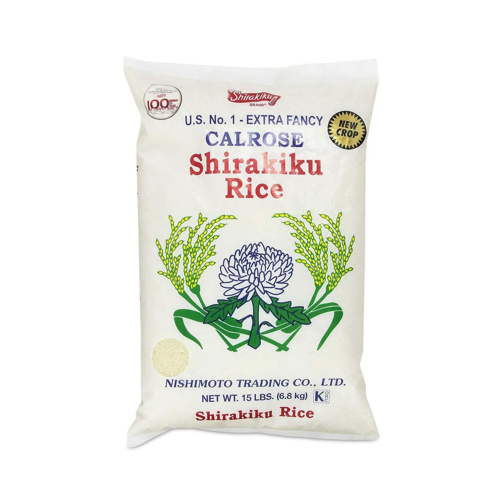 Shirakiku frente del empaque mostrando 15 lb y beneficio de almacenamiento