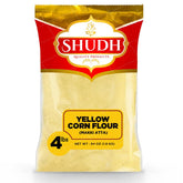 Shudh paquete frontal de harina de maíz amarillo mostrando etiqueta y beneficio natural