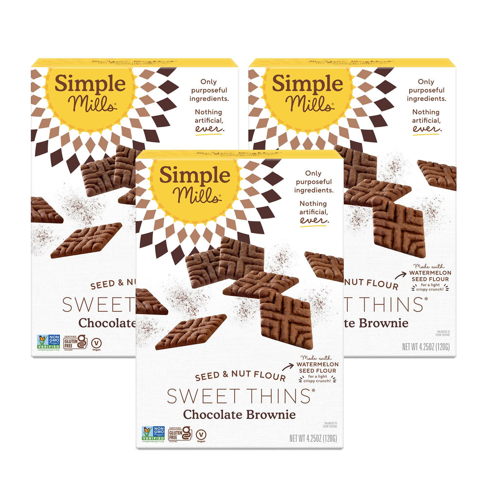 Simple Mills empaque frontal mostrando Sweet Thins chocolate brownie y beneficios de ingredientes