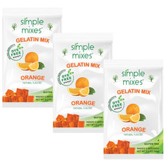 Simple Mixes caja frontal de gelatina naranja mostrando el pack de 3 y beneficio de ingredientes naturales