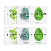 Simply Gum frontal del paquete mostrando las seis latas y el diseño minimalista