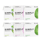 Simply Gum vista del pack principal mostrando seis envases, práctico para llevar